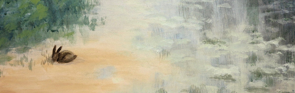An impressionistic landscape painting depicting a river or stream with a small brown rabbit on the sandy bank, surrounded by green trees and foliage under soft, misty light.